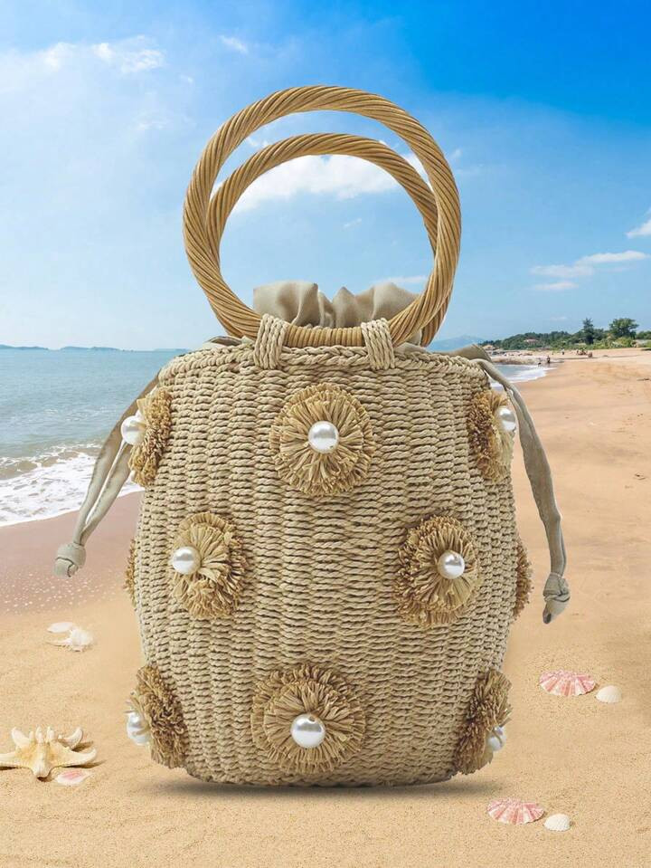 New Flower Decorated Woven Straw Basket Bag For Women, Perfect For Beach Vacation, Storage Usage | SHEIN