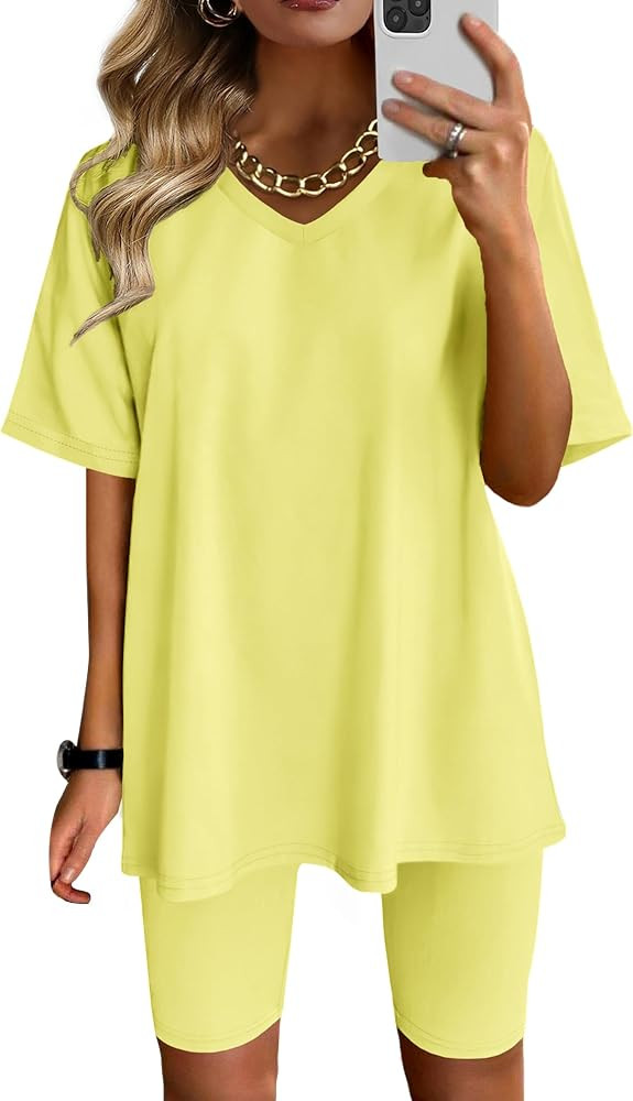 AGSEEM Two Piece Outfits For Women Summer V Neck T-Shirt Tops Biker Shorts Workout Sports Tracksu... | Amazon (US)