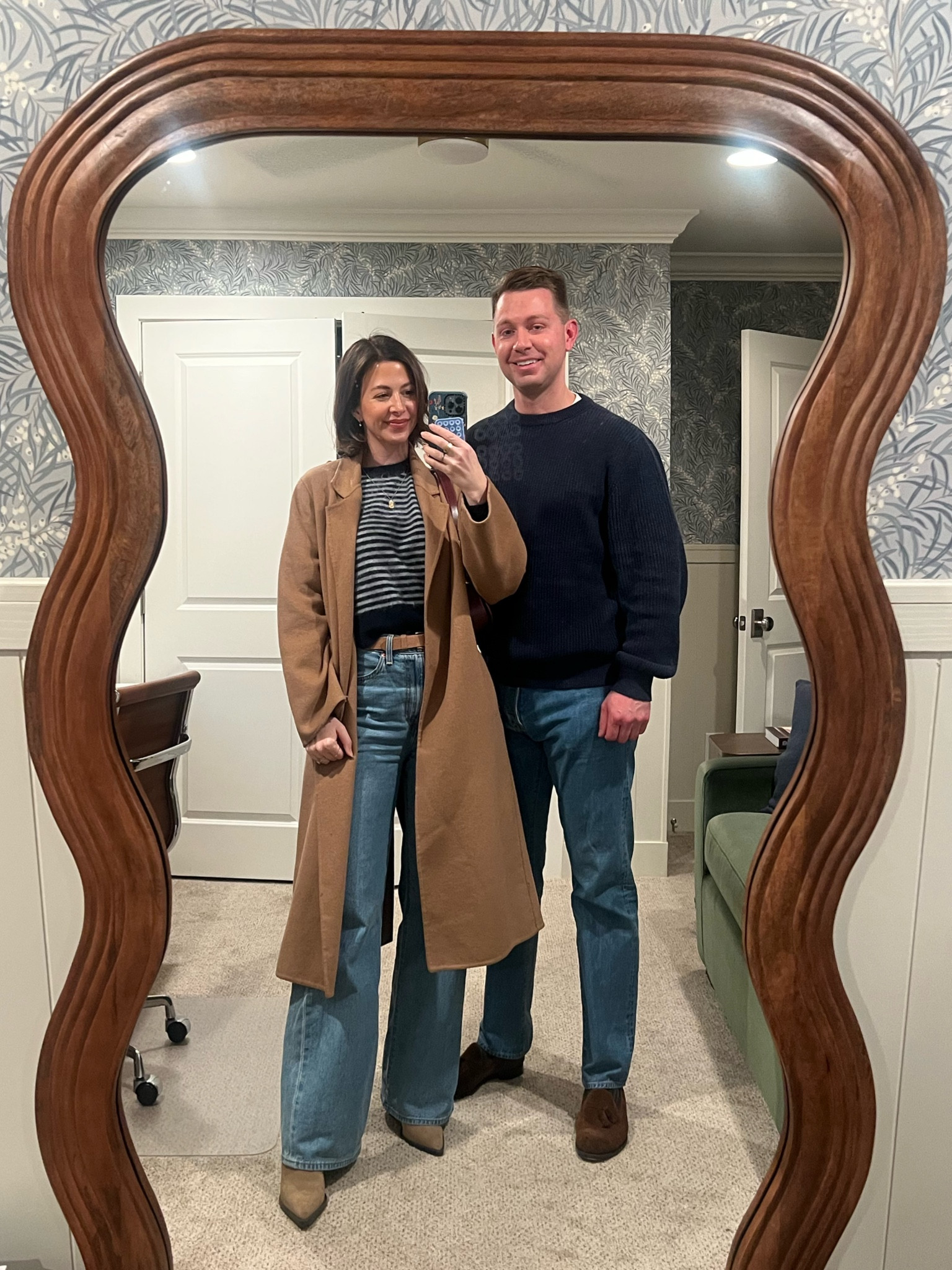 Elevated casual date night! Camel coat wide leg jeans striped sweater 