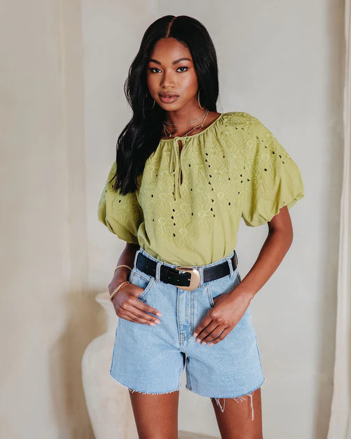 Linda Lou Cotton Floral Embroidered Puff Sleeve Top - Avocado - FINAL SALE | VICI