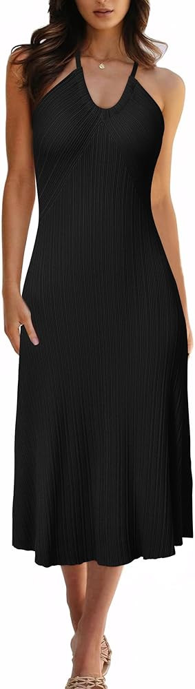 Arach&Cloz Women's Summer Dress 2025 Halter V Neck Sleeveless Ribbed Knit Casual Beach Vacation O... | Amazon (US)