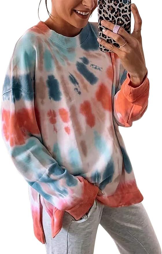 FARYSAYS Women's Casual Color Block Tie Dye Crewneck Long Sleeve Loose Pullover Sweatshirt Tops | Amazon (US)
