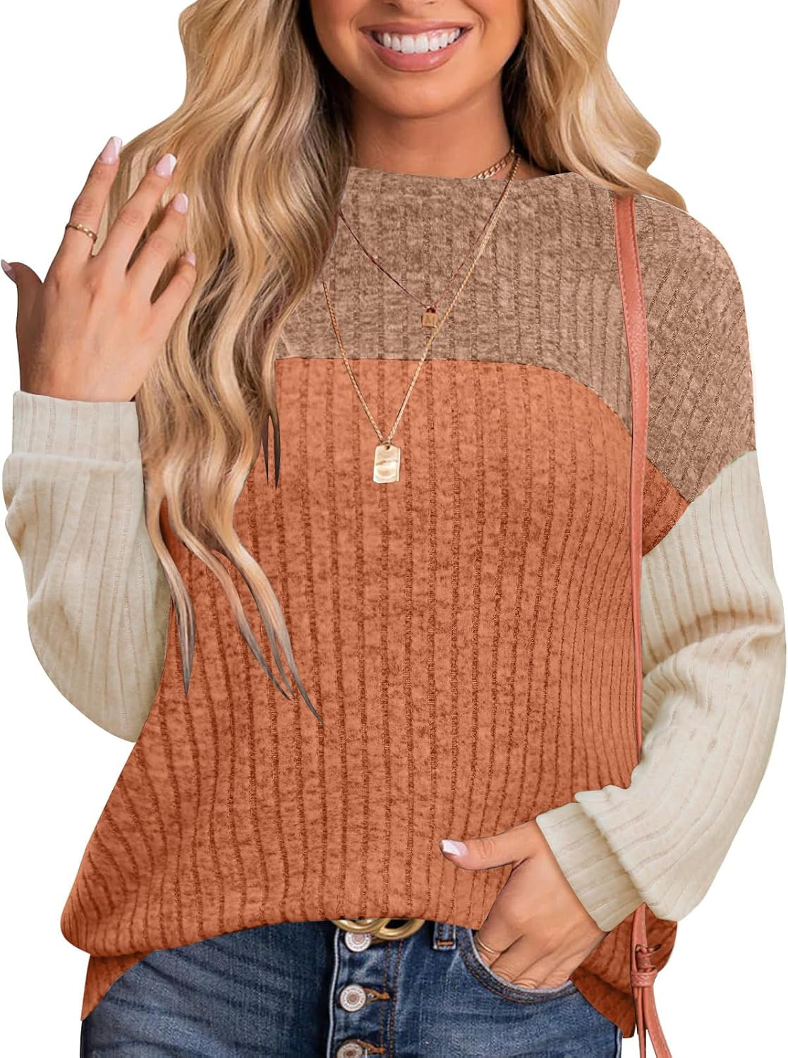 MixShe Womens Sweaters Color Block 2026 Fall Fashion Crewneck Tunic Tops S-XXL | Amazon (US)