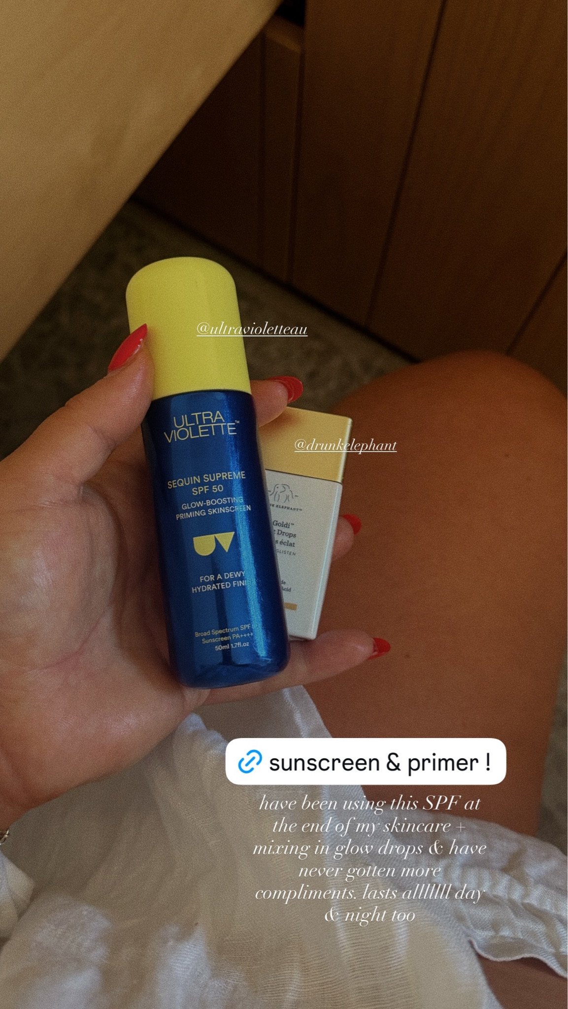 have been using this SPF at the end of my skincare + mixing in glow drops & have never gotten more compliments. lasts alllllll day & night too  @ultravioletteau  @drunkelephant