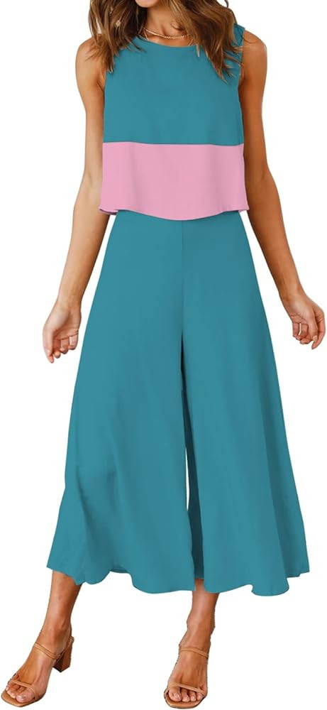 ROYLAMP Women's Summer 2 Piece Outfits Round neck Crop Basic Top Cropped Wide Leg pants Set Jumps... | Amazon (US)