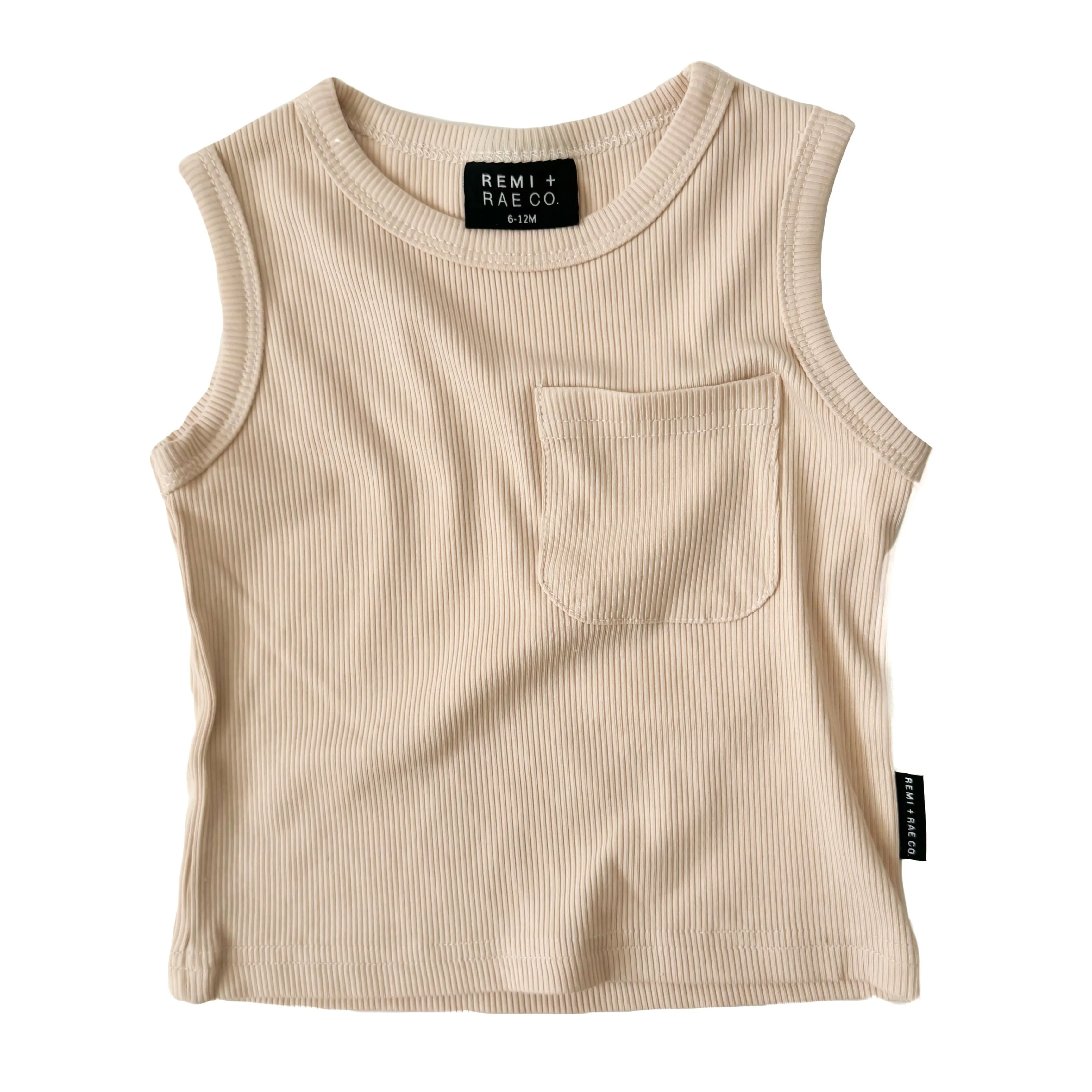 BAMBOO RIBBED POCKET TANK - SAND | REMI + RAE CO.