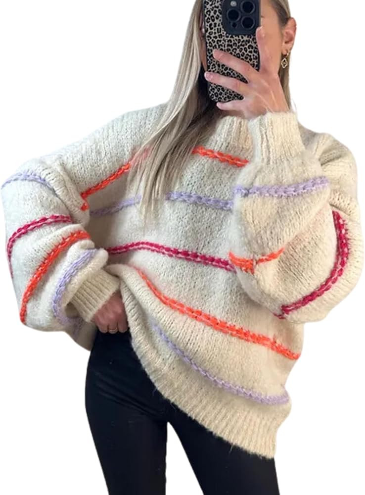 QIBABU Womens Striped Sweaters Casual Lantern Sleeve Color Block Knit Pullover Sweater Tops | Amazon (US)