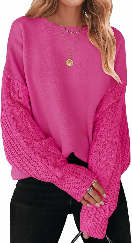 ZESICA Women's 2024 Fall Long Sleeve Crew Neck Solid Color Cable Knit Chunky Casual Oversized Pul... | Amazon (US)