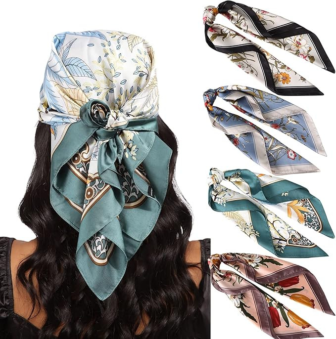 AWAYTR 27.5” Silk Satin Square Head Scarf - 4PCS Satin Head Scarves for Women Hair Kerchief Ban... | Amazon (US)