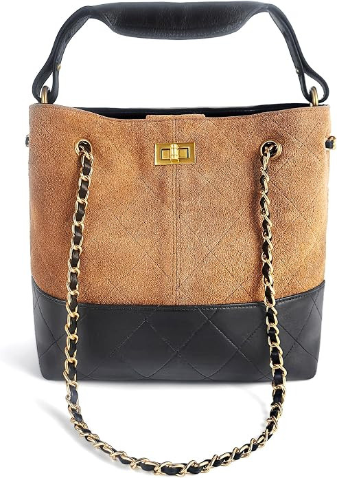 Women's Premium Retro Suede & Quilted Leather Hobo Bag Vintage Sheepskin Bucket Purse | Amazon (US)