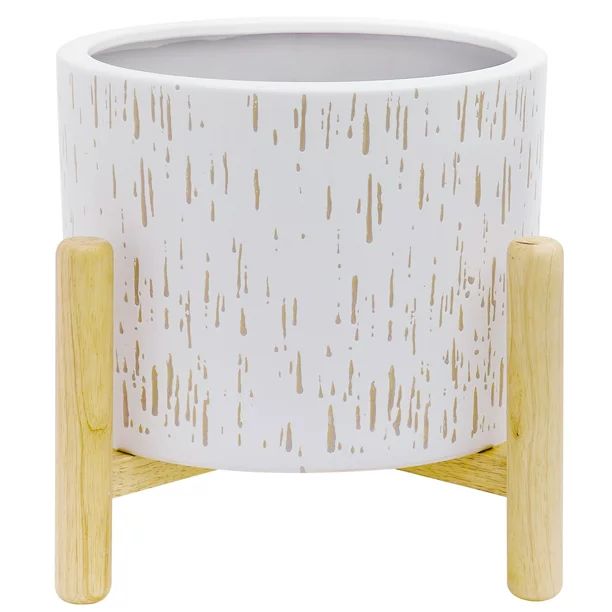 Better Homes & Gardens Ceramic Round Ceramic and Wood Planter & Stand Set | Walmart (US)