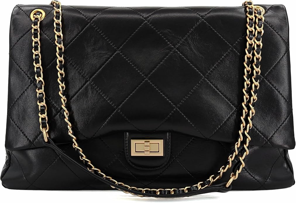 M-ioi-M Large Vintage Oiled Leather Quilted Flap Shoulder Bag with Chain | Large vintage oiled le... | Amazon (US)