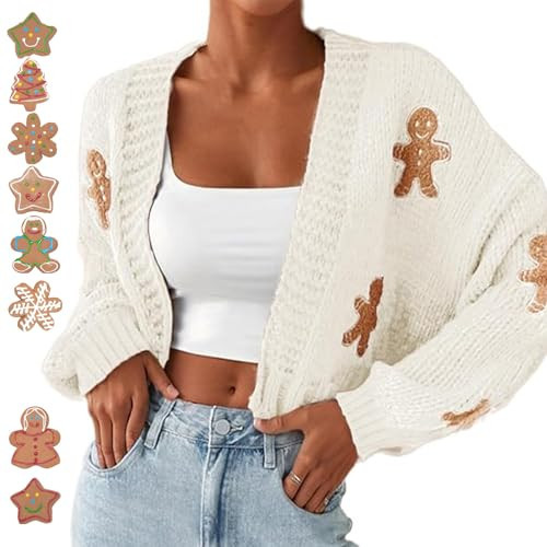 Gingerbread Cardigan Women, Women's Christmas Cropped Cardigan Sweaters, Christmas Gingerbread Man Cropped Cardigan (Beige,S) | Amazon (US)