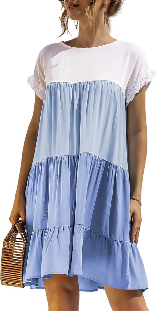 LYANER Women's Tunic Round Neck Ruffle Loose Flowy Babydoll Swing Mini Dresses | Amazon (US)