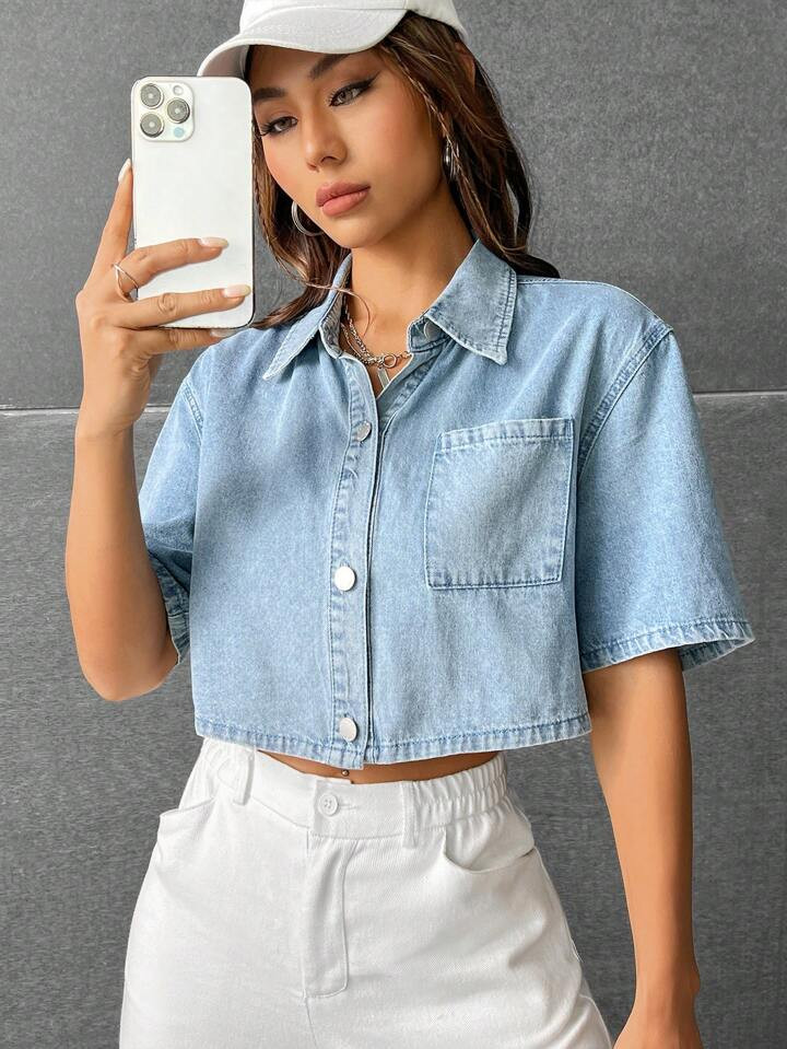 SHEIN EZwear Patched Pocket Drop Shoulder Denim Shirt | SHEIN