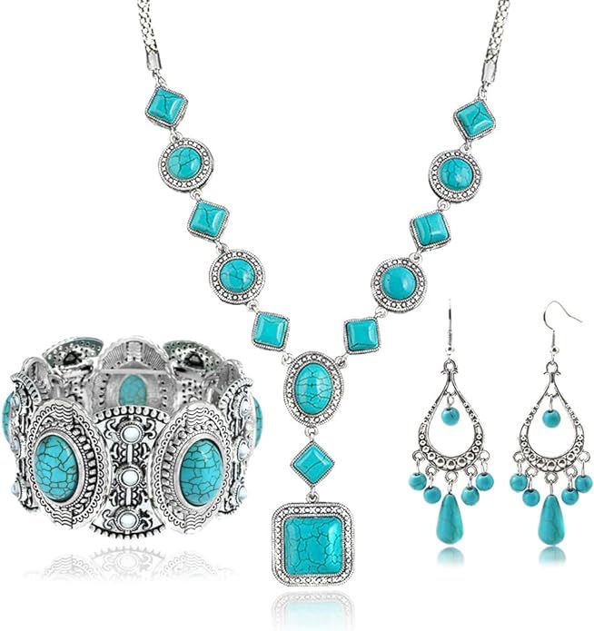 3 Pieces Bohemian Turquoise Necklace for Women Western Jewelry Boho Turquoise Necklace Set Turquo... | Amazon (US)
