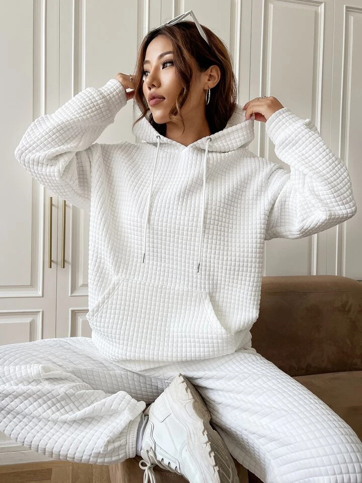 SHEIN EZwear Kangaroo Pocket Drop Shoulder Drawstring Hoodie | SHEIN