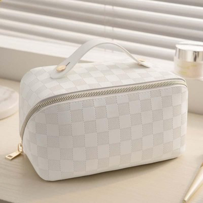 Checkered Makeup Bag, Large Capacity Cosmetic Bag with Handle, Portable Waterproof Travel Toiletry Organizer for Women, White | Target