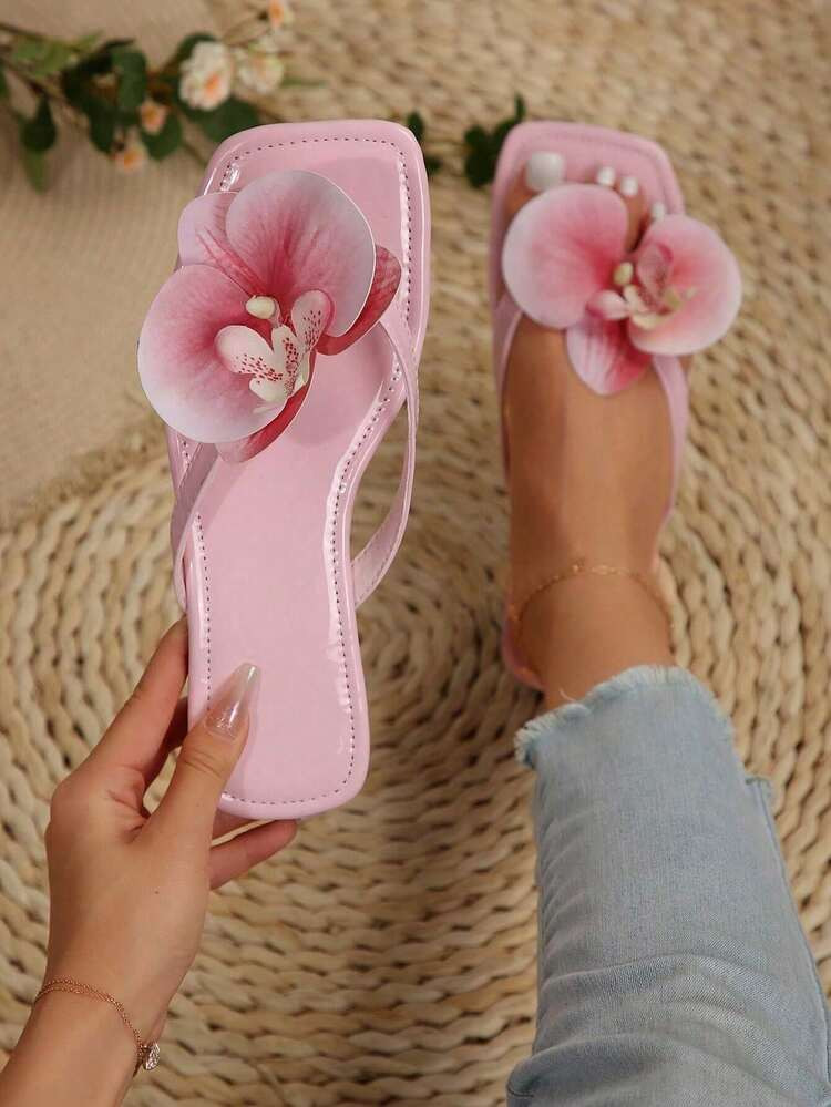 2025 New Plus Size European Women Fake Flower Decor Square Toe Flat Slip On Sandals, Summer Daily... | SHEIN