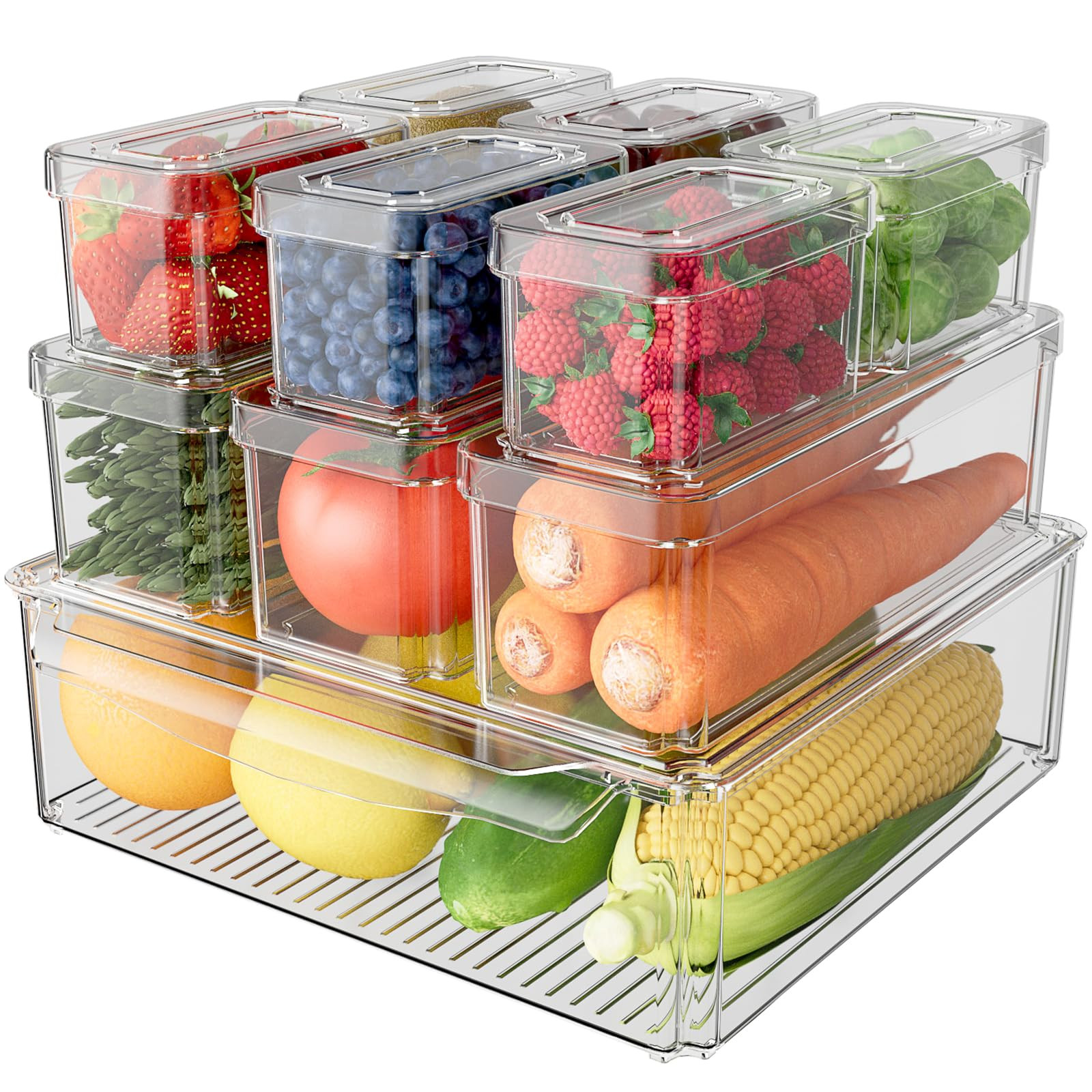 10 Pack Refrigerator Organizer Bins Stackable with Lids, Clear Fridge Organizers and Storage, Kit... | Amazon (US)