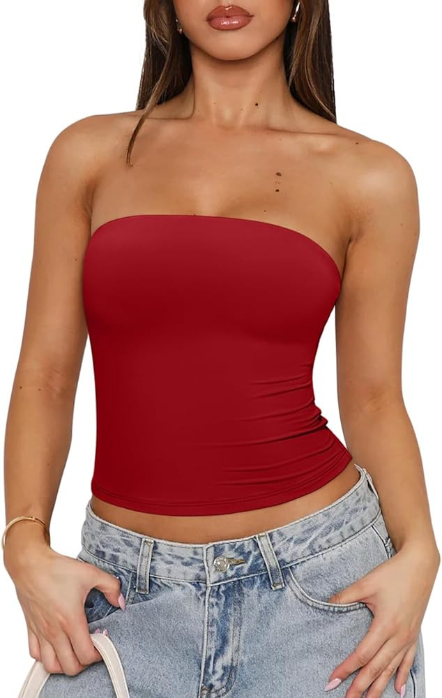 REORIA Women's Y2K Strapless Backless Tube Top Double Lined Sleeveless Crop Tank Top for Summer 2... | Amazon (US)