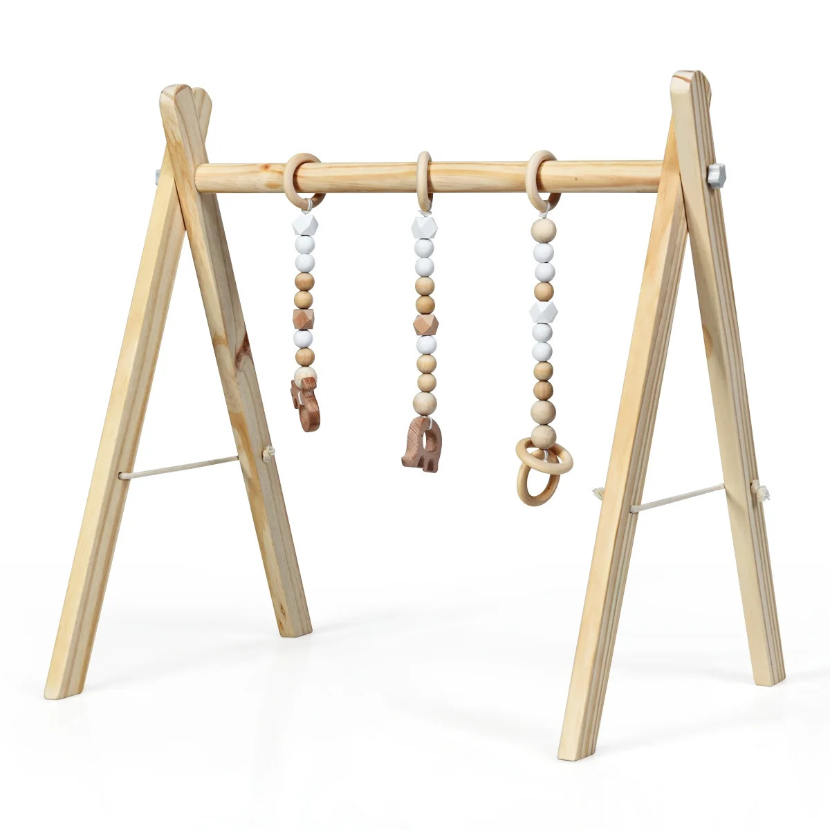 Costway Foldable Wooden Baby Gym with 3 Wooden Baby Teething Toys Hanging Bar Natural | Walmart (US)
