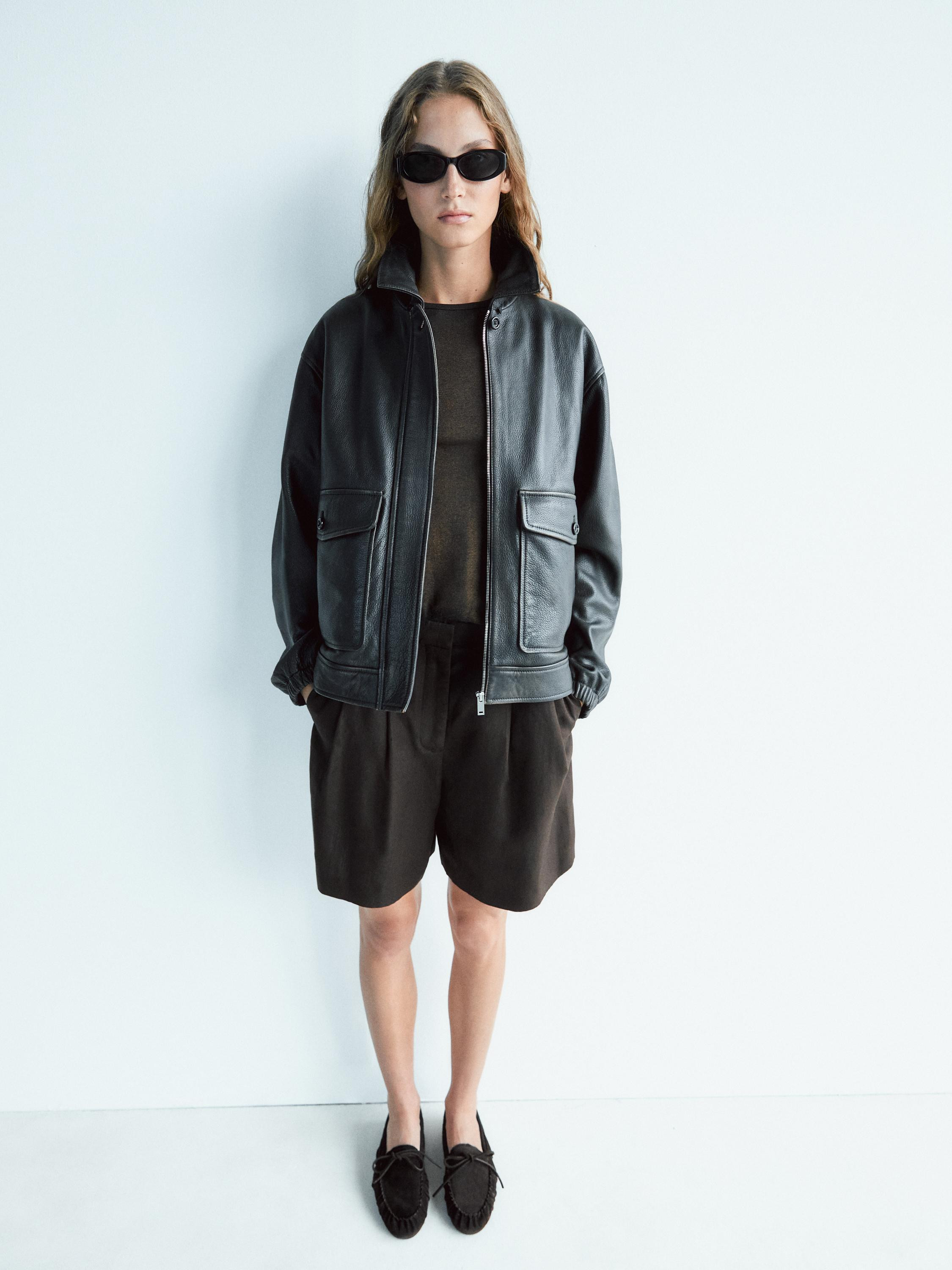 Split leather loafers with gathered bow | Massimo Dutti UK