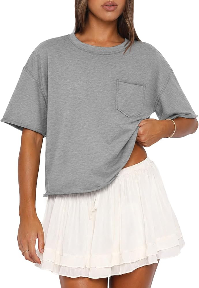 ATHMILE Womens Crop Tops Workout Shirts Gym Oversized Spring Summer Basic Tees Short Sleeve Casua... | Amazon (US)
