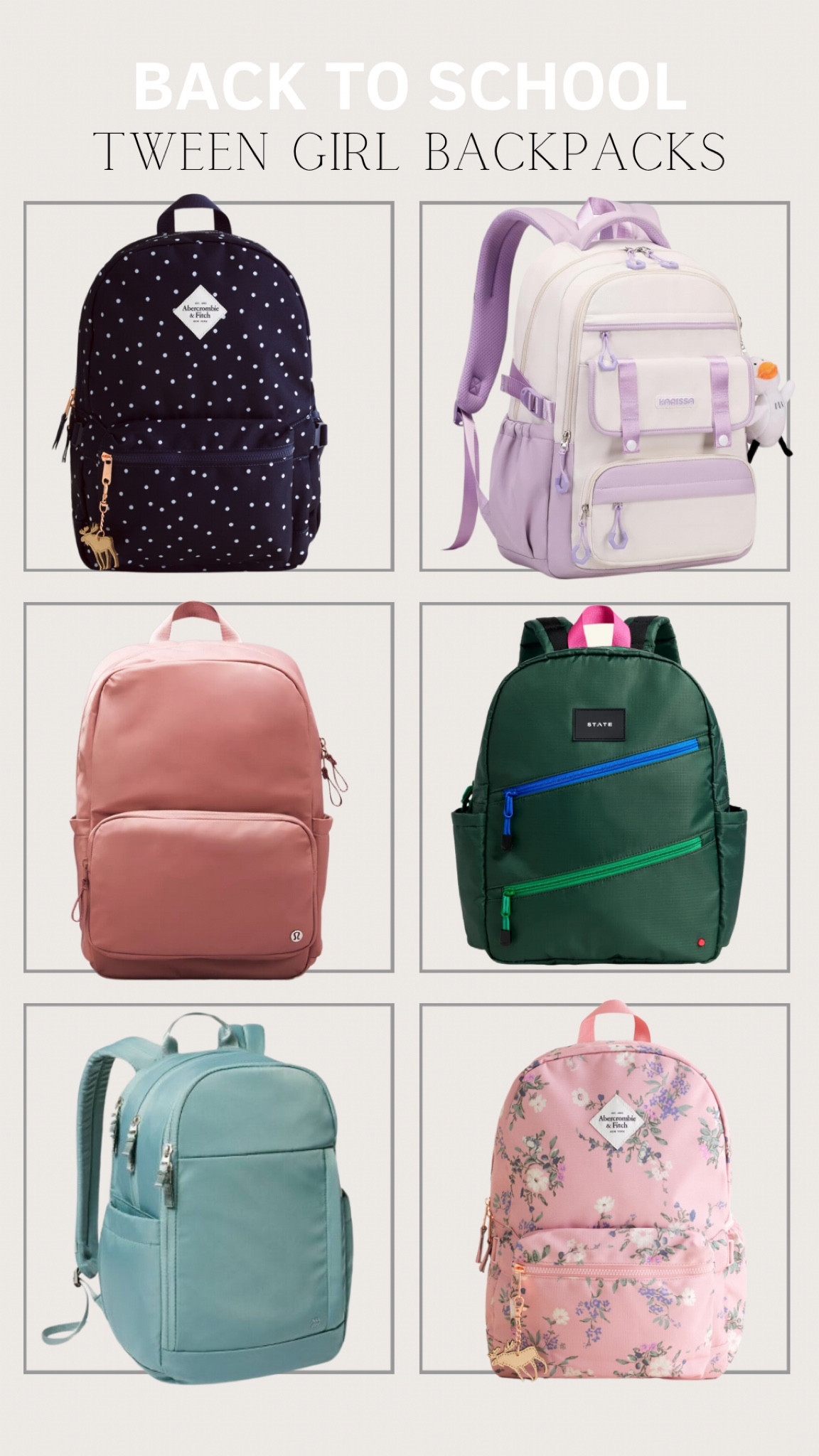 Tween girl backpacks in a range of price points, solid color backpacks, pink floral backpack, black polkadot backpack, purple backpack, blue backpack, forest green backpack, coral backpack, big kid backpacks, girls backpacks, sale backpacks 