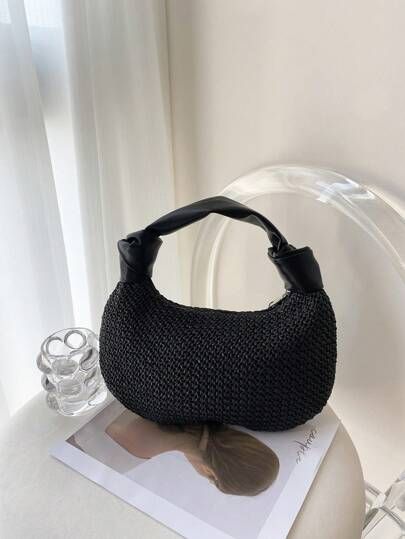 Medium Zipper Hobo Bag Black Braided Detail Top Handle  SKU: sg2303212149415144(100+ Reviews)GBP... | SHEIN