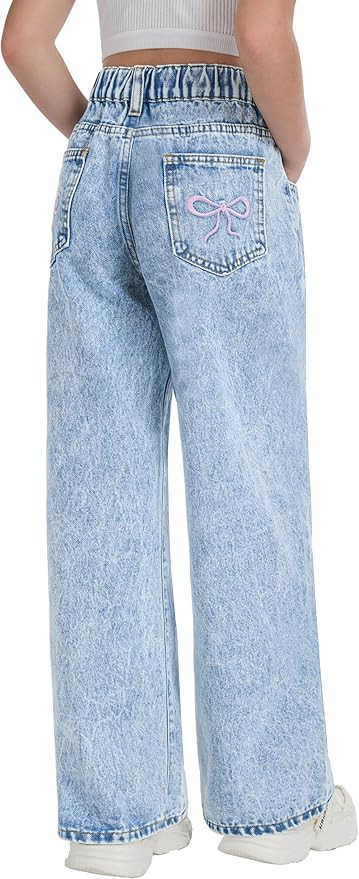 Jeans for Girls Baggy Wide Leg Cute Bow High Elastic Waisted Denim Pants Y2K Boyfriend Skater Str... | Amazon (US)
