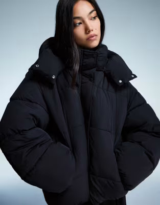 Bershka Puffer jacket with hood in black | ASOS | ASOS (Global)
