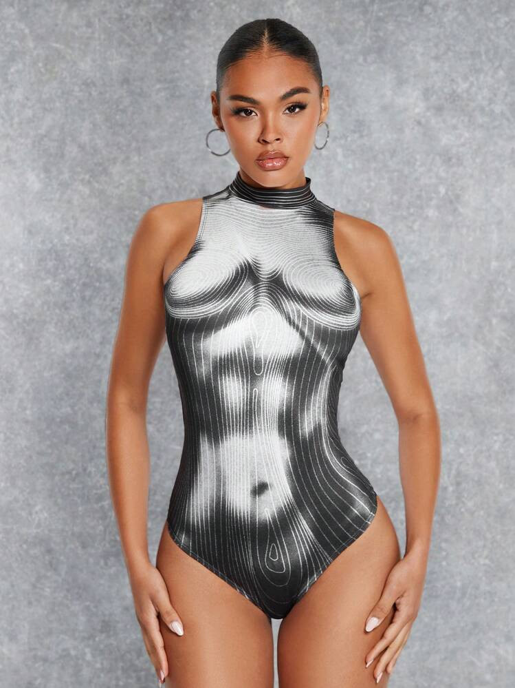SHEIN BAE Body Heat Map Print Mock Neck Bodysuit | SHEIN