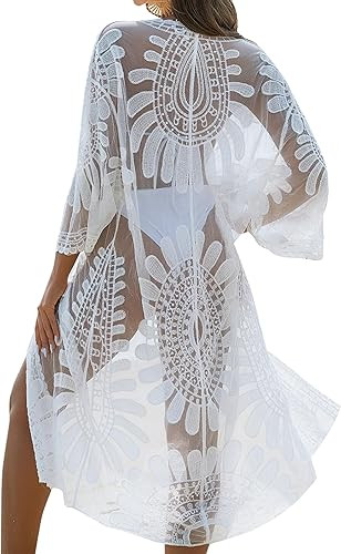 Blooming Jelly Womens Kimono Mesh Swimsuit Coverup Lace Embroidered Long Beach Cover Ups 3/4 Slee... | Amazon (US)