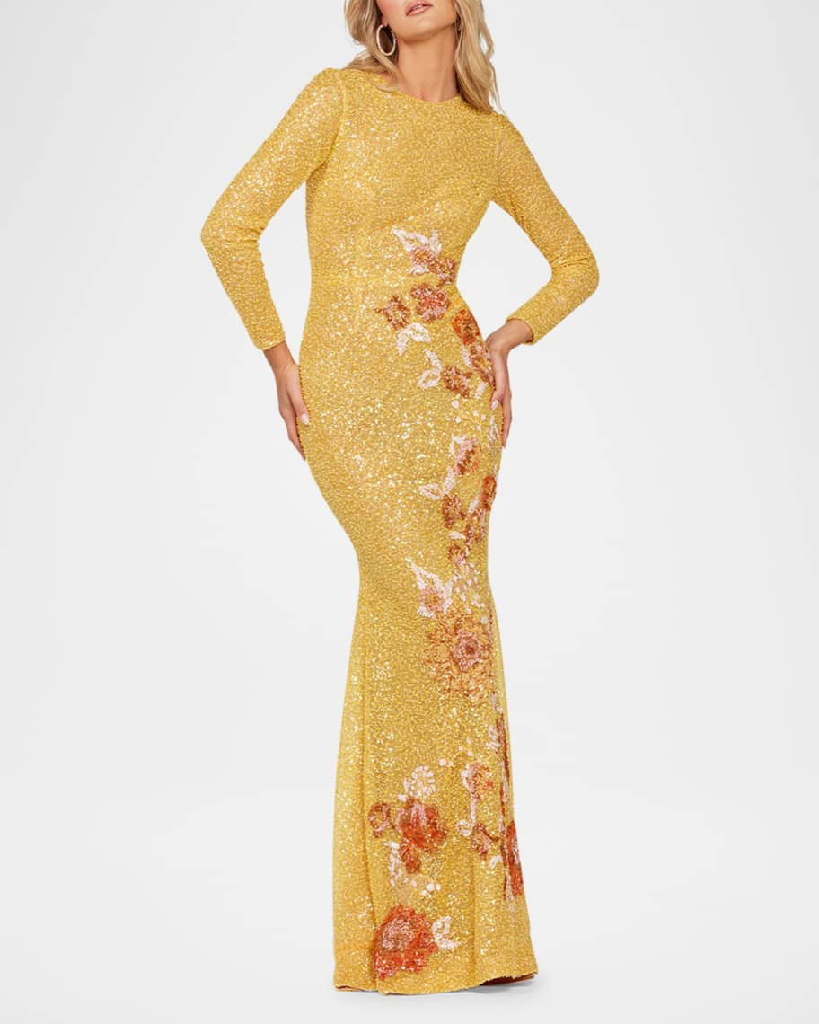HELSI Shalom Sequin Floral Applique Column Gown | Neiman Marcus