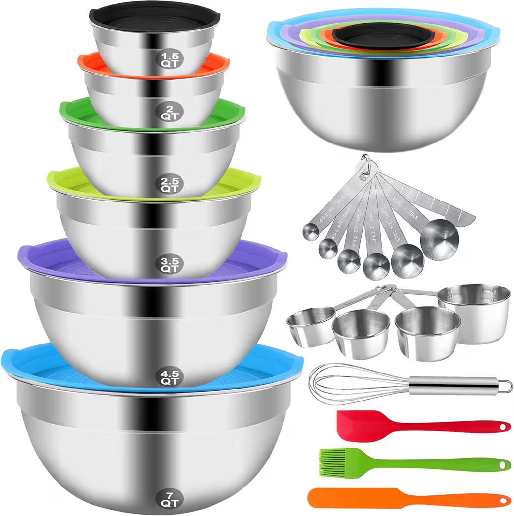 Mixing Bowls with Lid Set, 27PCS Kitchen Utensils Metal Bowl Stainless Steel Nesting Bowls, Measu... | Amazon (US)