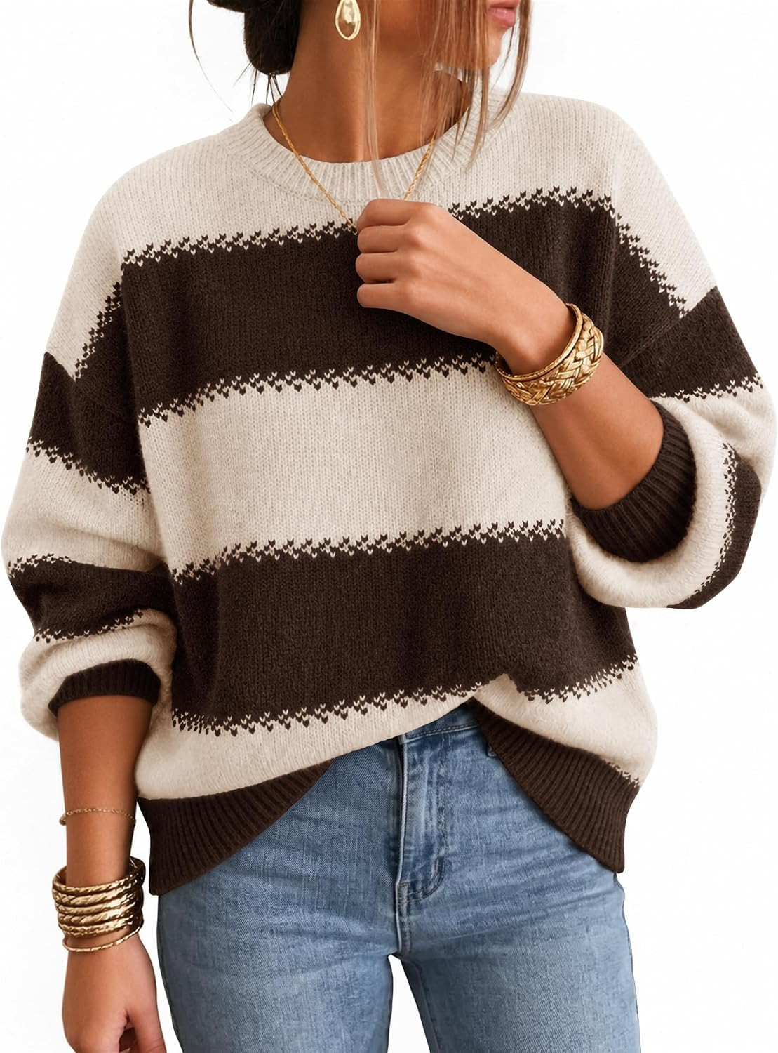 ZESICA Women's 2026 Fall Oversized Striped Cozy Casual Long Sleeve Sweaters | Amazon (US)