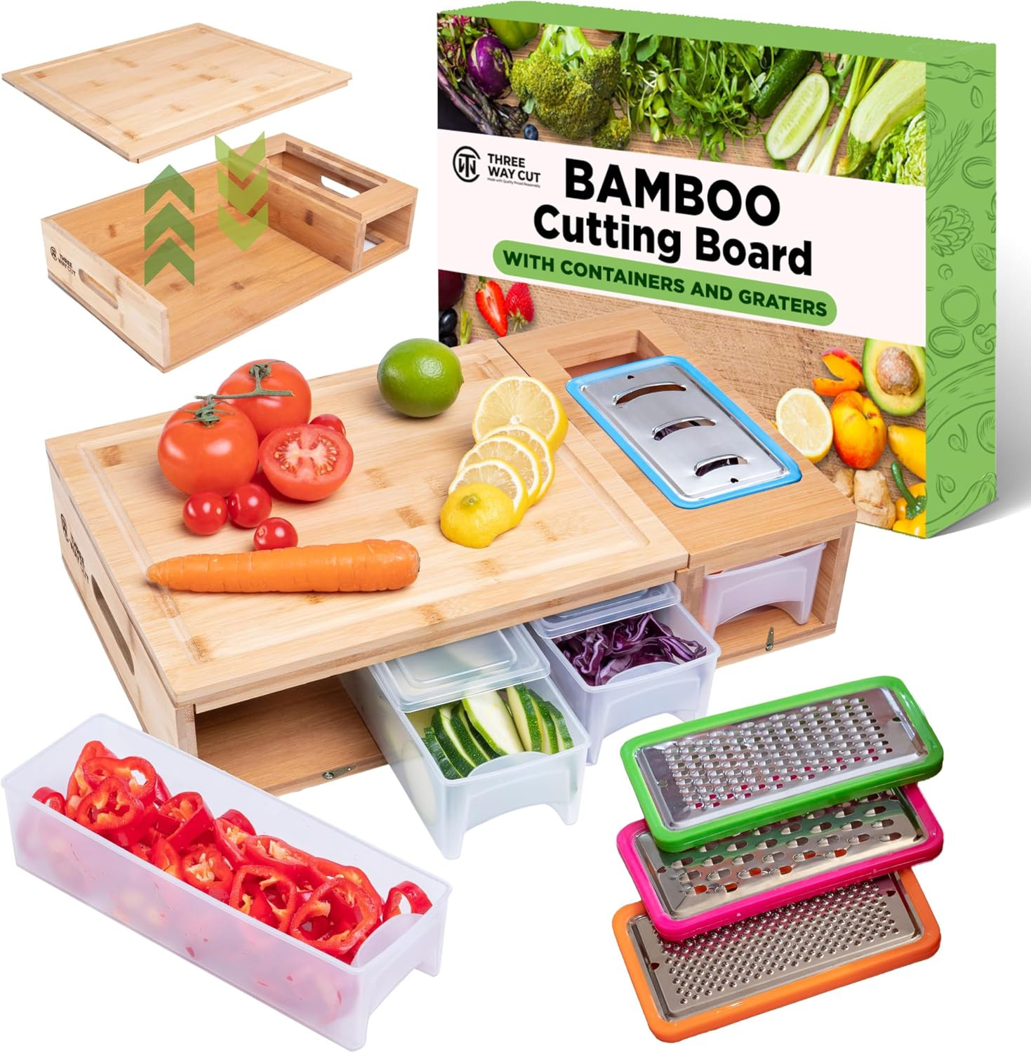Bamboo Cutting Board With Containers - Meal Prep Station With Removable Top, Kitchen Boards & Foo... | Amazon (US)