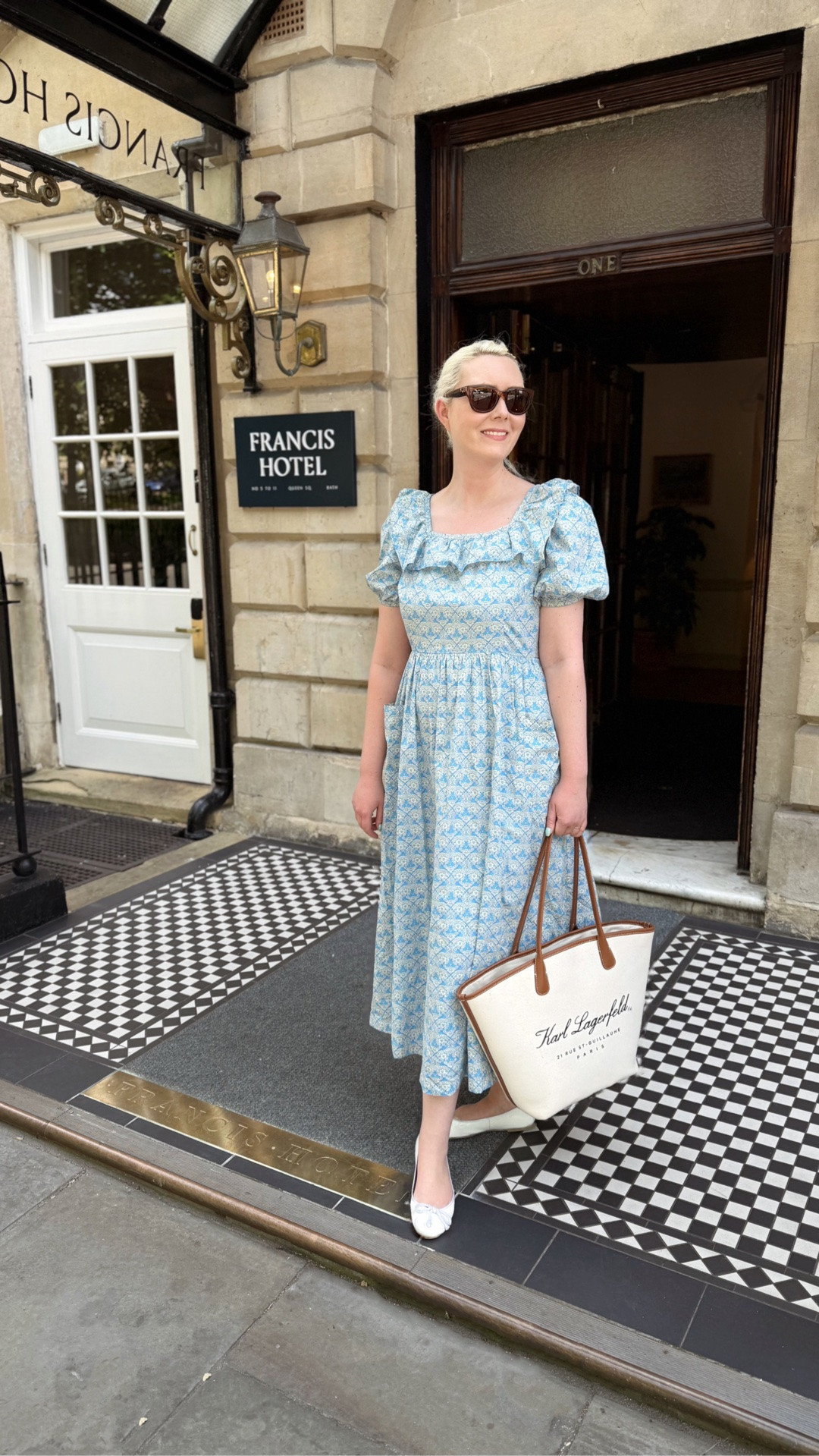 Weekend summer style at the Francis Hotel in Bath - a cute blue puff sleeve midi dress by the former brand Joanie, white flats by Pretty Ballerinas, Rayban tortoiseshell sunglasses and a Karl Lagerfeld tote bag. Heaps of styling ideas on my product list 

#LTKuk #LTKstyletip #LTKtravel

#LTKsummer #LTKdresses #LTKeurope