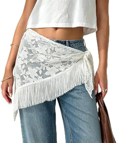 Women Lace Fringe Scarf Belt Sheer Mesh Waist Hip Scarfs Beach Cover Up Skirt Wraps | Amazon (US)