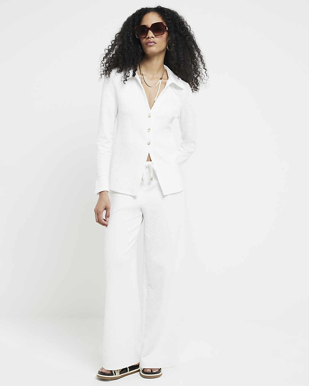 Cream Textured Wide Leg Trousers | River Island (UK & IE)