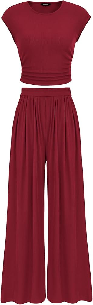 PRETTYGARDEN Women's Summer 2 Piece Outfits 2026 Cap Sleeve Ruched Slim T Shirt Ribbed Knit Wide ... | Amazon (US)