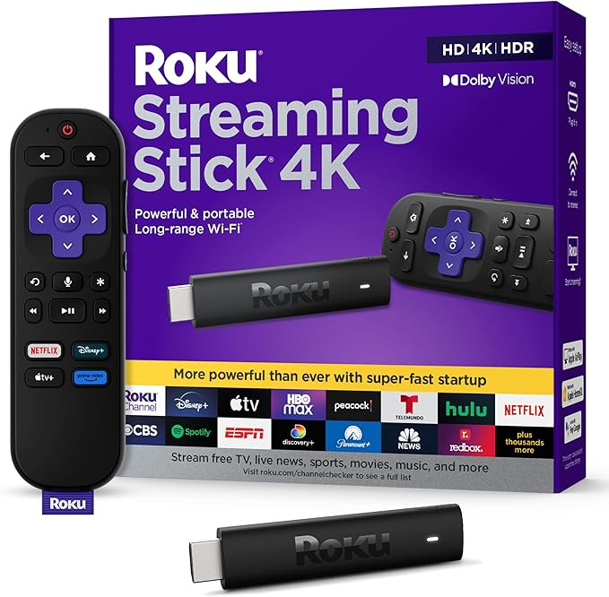 Roku Streaming Stick 4K - HDR & Dolby Vision Roku Streaming Device for TV with Voice Remote & Lon... | Amazon (US)