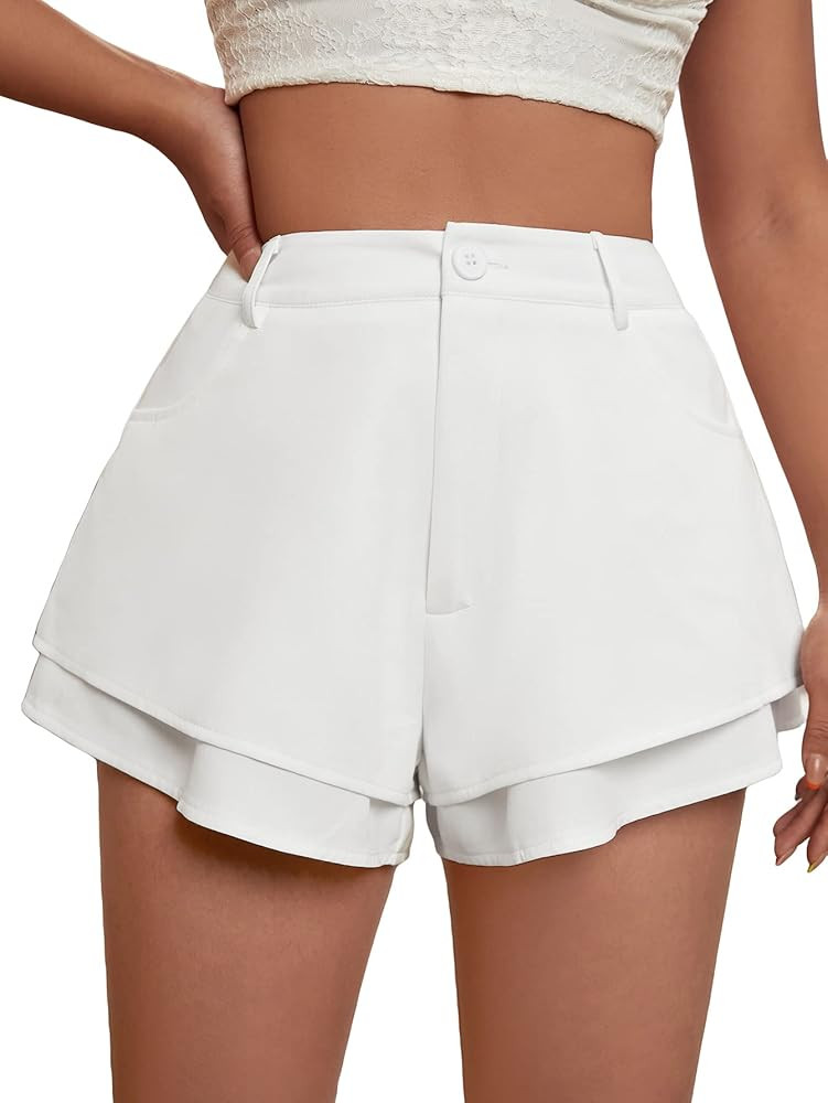 Floerns Women's Solid High Waisted Layered Hem Casual Flare Leg Shorts | Amazon (US)