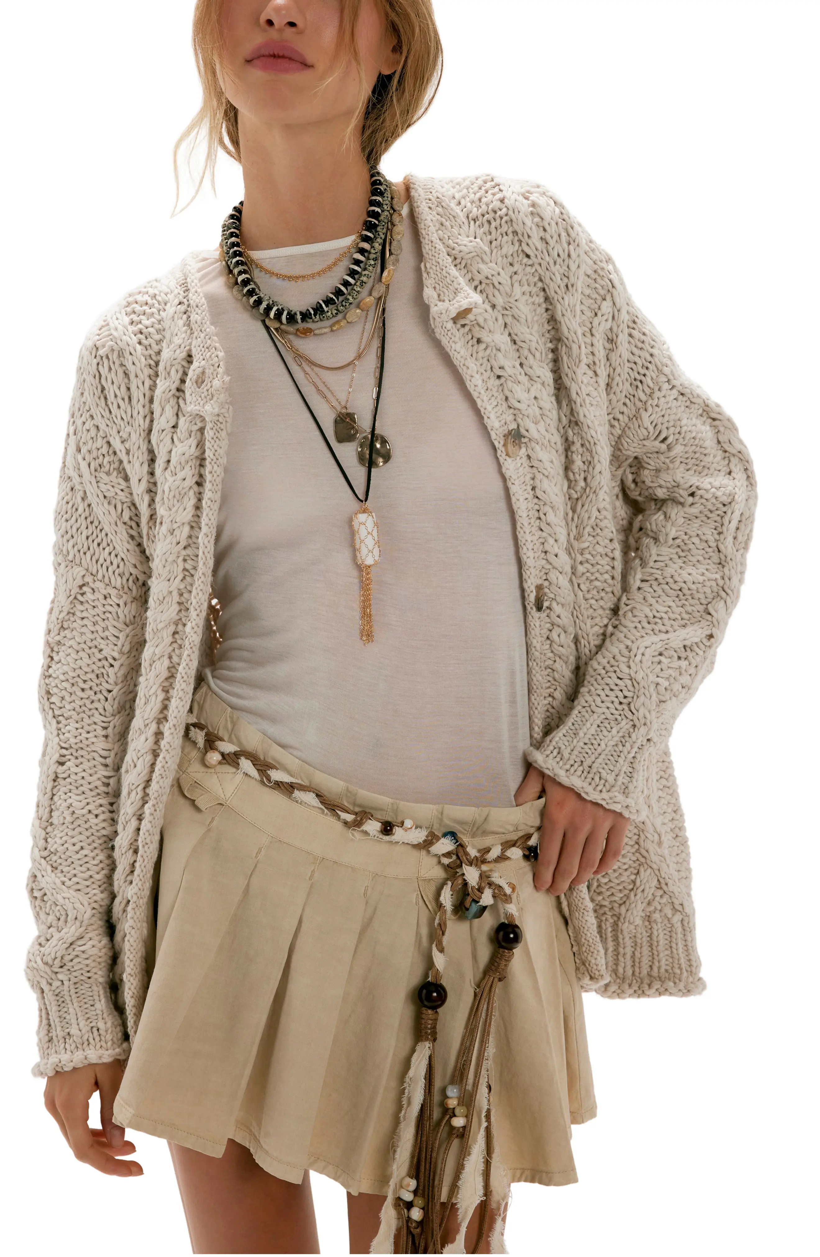 Free People Opal Cable Knit Cardigan in Iguana at Nordstrom, Size Large | Nordstrom