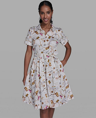 KARL LAGERFELD PARIS Women's Printed Short-Sleeve Tie-Waist Collared Shirt Dress - Macy's | Macy's