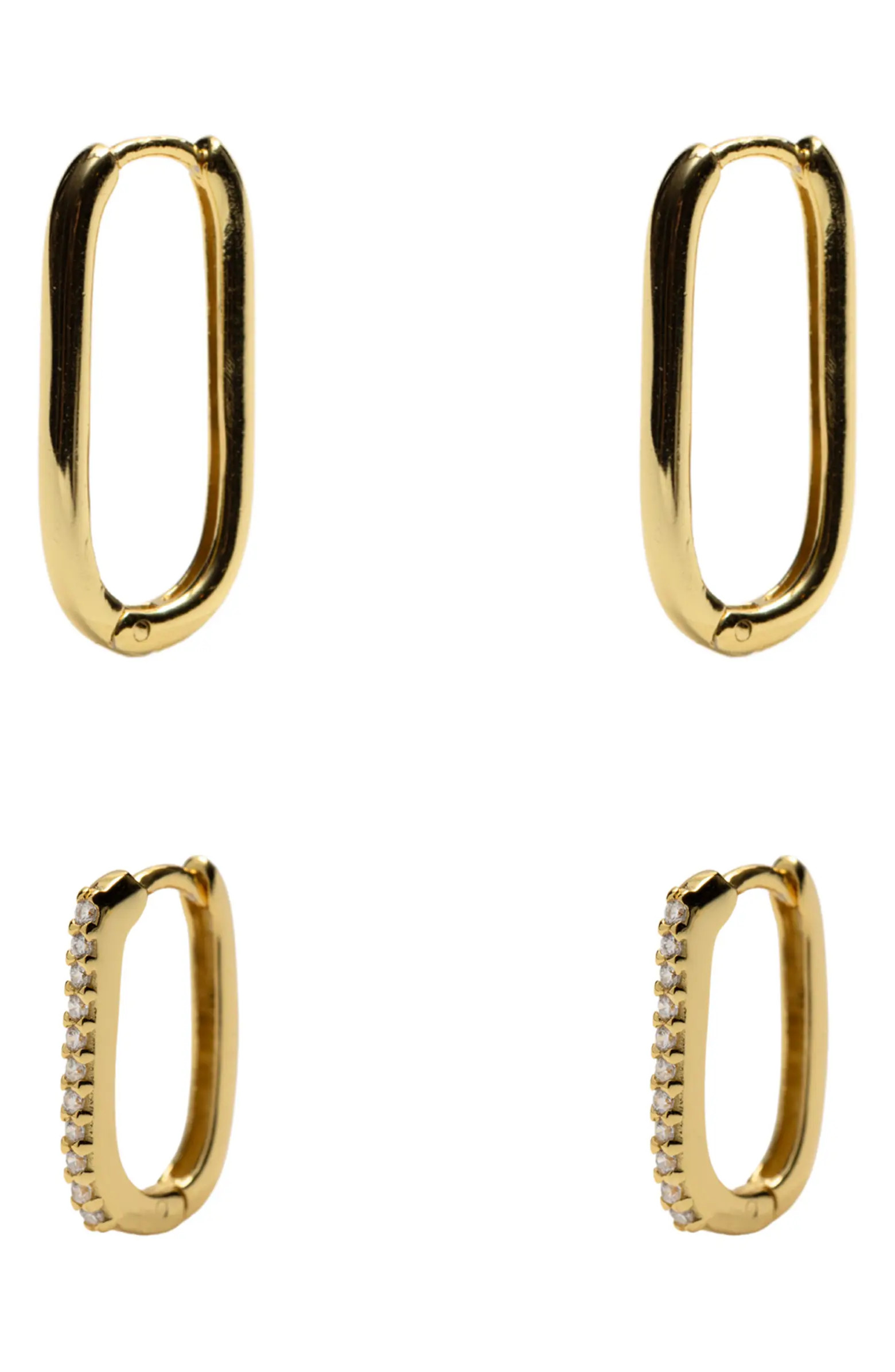 2 Pairs of 18K Gold Plate Sterling Silver Oblong Hoop Earrings | Nordstrom