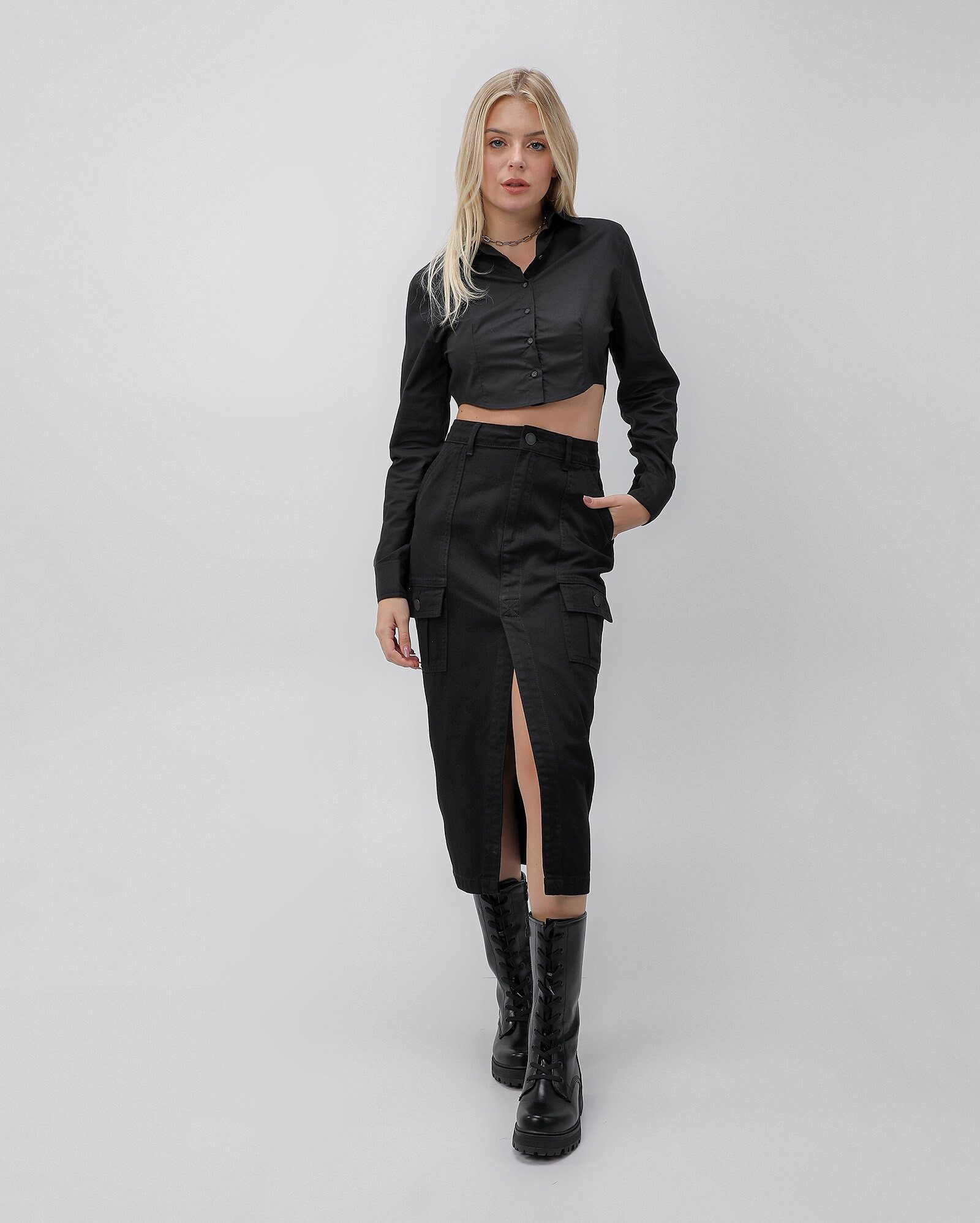 Saia midi black jeans com bolsos cargo | Pool by Riachuelo | Riachuelo (BR)