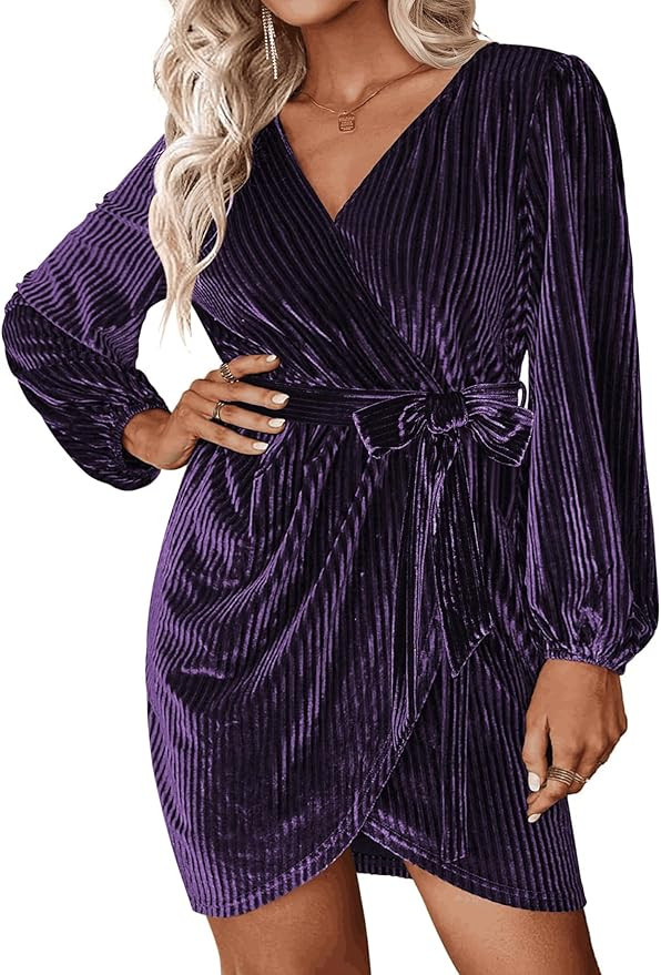 IN'VOLAND Womens Plus Size Long Sleeve Wrap Semi Formal Velvet Mini Dress Sexy V Neck Cocktail Pa... | Amazon (US)