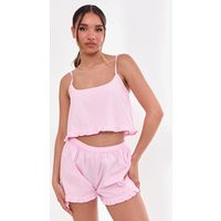 Baby Pink Woven Frill Edge Cami And Button Short Pj Set | PrettyLittleThing US